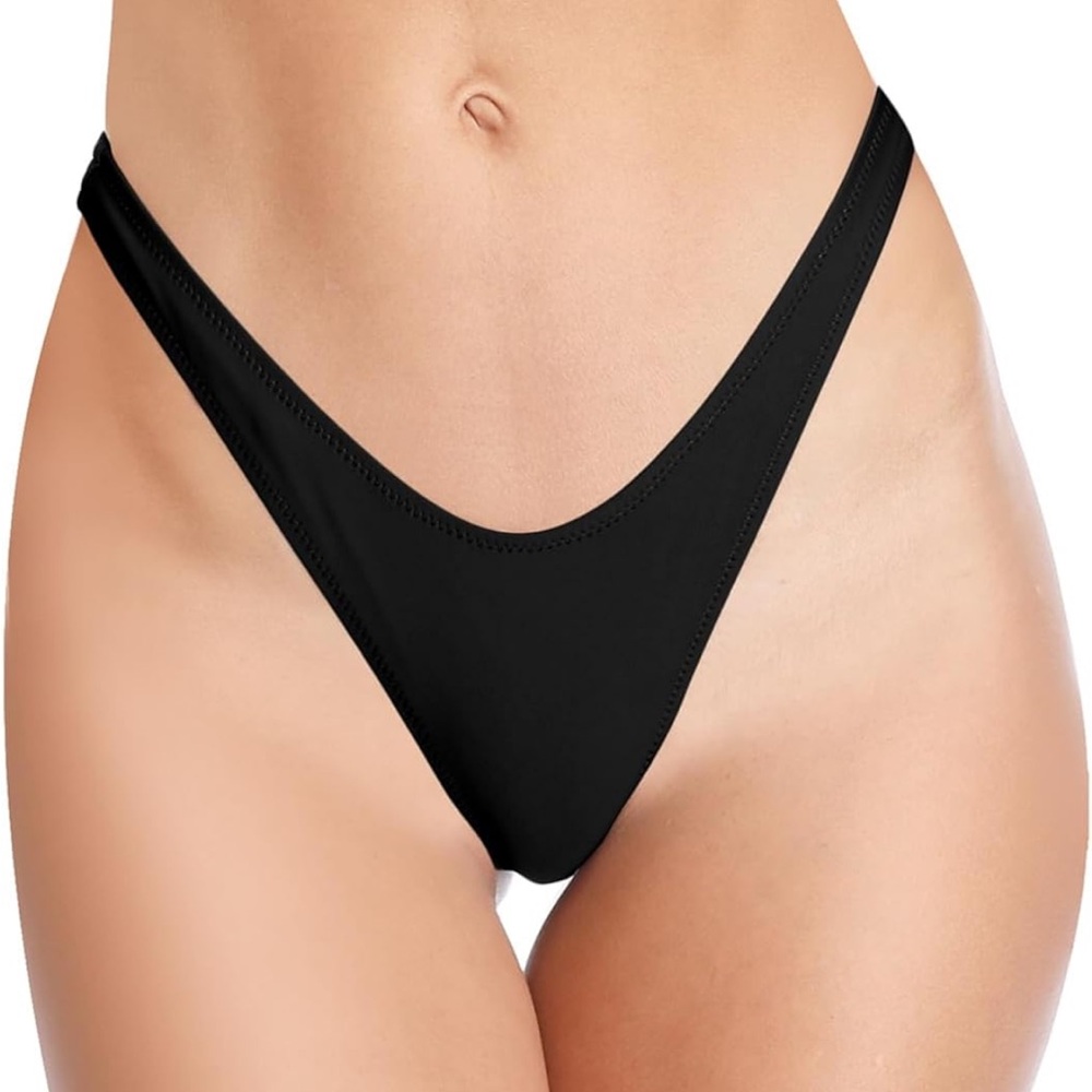 Classic Black Women's High Leg Brazilian Cheeky Thong Bikini Bottom